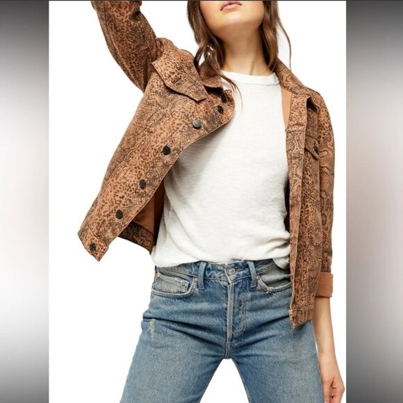 Free People Brown Snake Print Button Front Denim Trucker Jacket - Picture 13 of 13